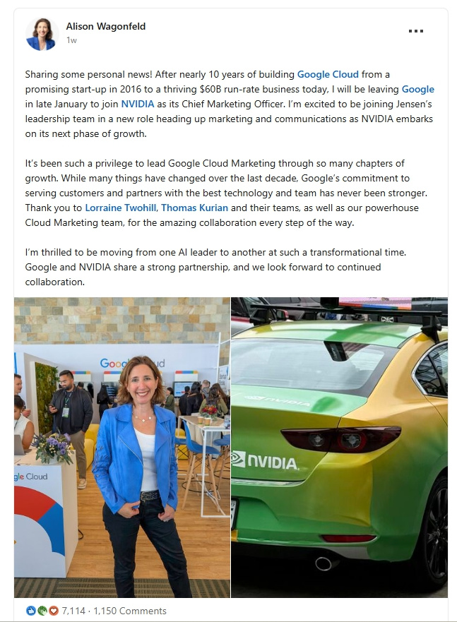Alison Wagonfeld NVIDIA CMO Announcement Linkedin Post